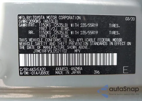 2020 Toyota Rav4 Xle Premium from USA, damaged, VIN JTMC1RFV5LD521102